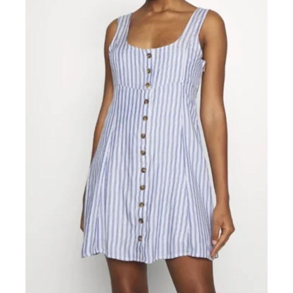 American Eagle Striped Button-Front Mini Dress | Blue White Sleeveless A-Line |
